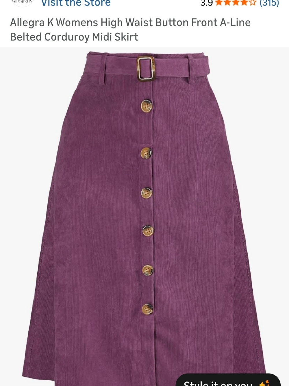 Allegra K Plum Corduroy Button-Front A-Line Midi Skirt with Belt